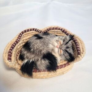 Realistic Kitten/ Cat Sleeping In Basket Real Rabbit Fur Miniature Life Like 6"